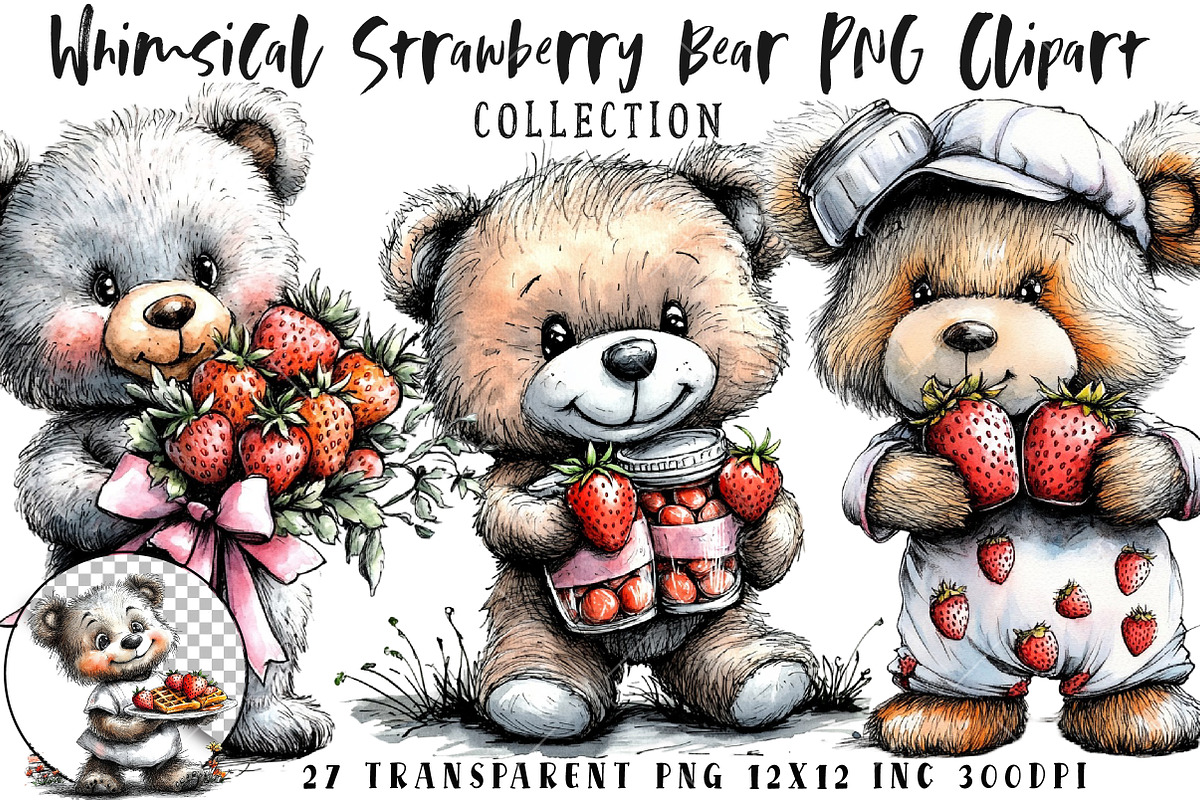 Watercolor Strawberry Bear Clipart, a Seasonal Illustration by OK Design (Photo 1 of 6)