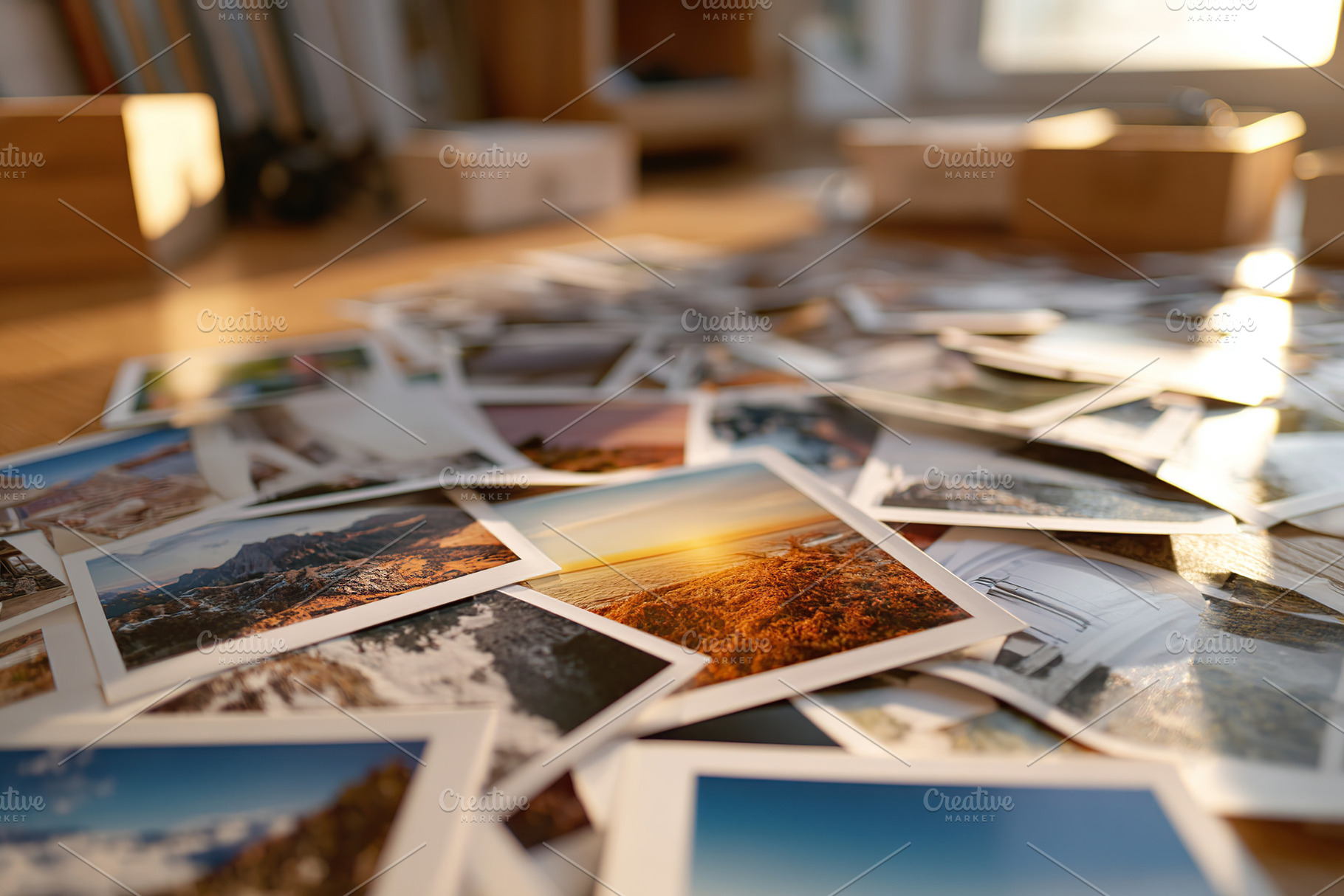 Spread of printed photographs on floor showcasing various landscapes and memori, a Photo by AlyaAnd