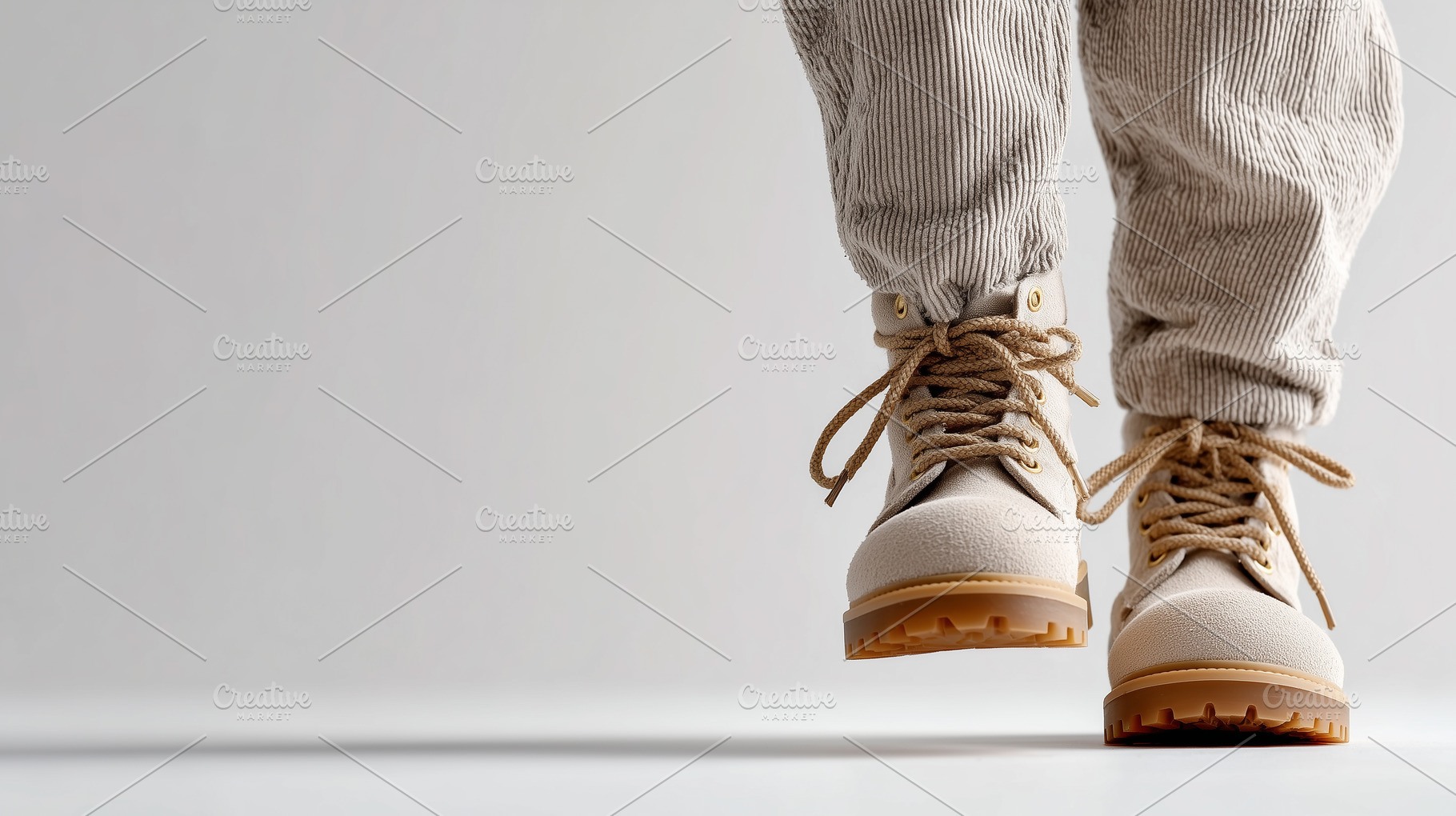 Beige suede lace-up boots worn with, a Person Photo by MistyDay
