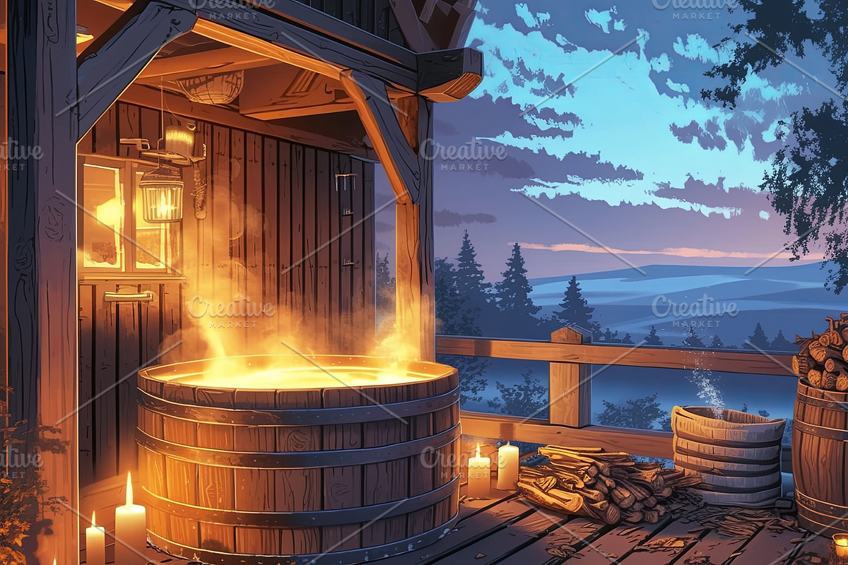 Rustic wooden hot tub on a terrace during a serene evening, an Illustration by AS photostudio