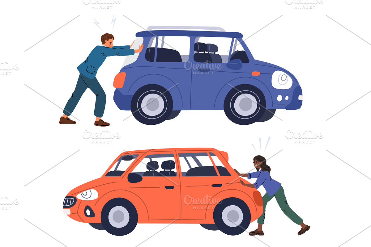 Man and woman pushing their broken, a Transportation Illustration by Vectorbuum