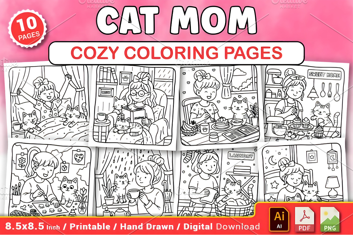 Cat Mom Cozy Coloring Pages, a Decorative Illustration by Design Station (Photo 1 of 4)