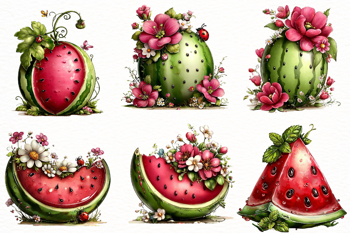 Whimsical summer watermelon clipart, an Illustration by Designworld (Photo 3 of 8)