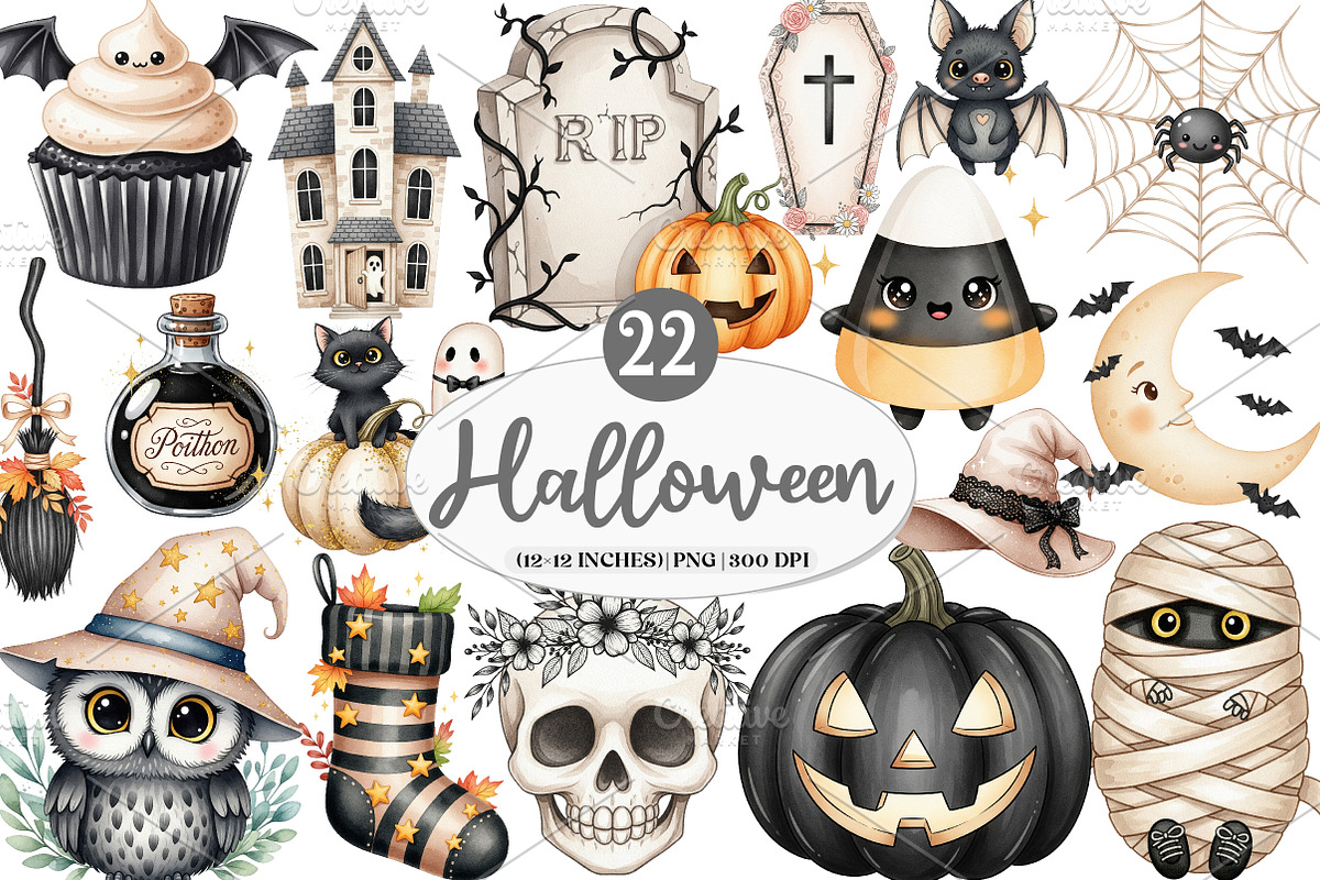Beige & Black Halloween Clipart, an Illustration by Watercolor design (Photo 1 of 4)
