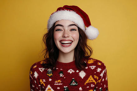 Cute young woman in knitted christmas sweater and santa hat, a Holiday Photo by AlyaAnd