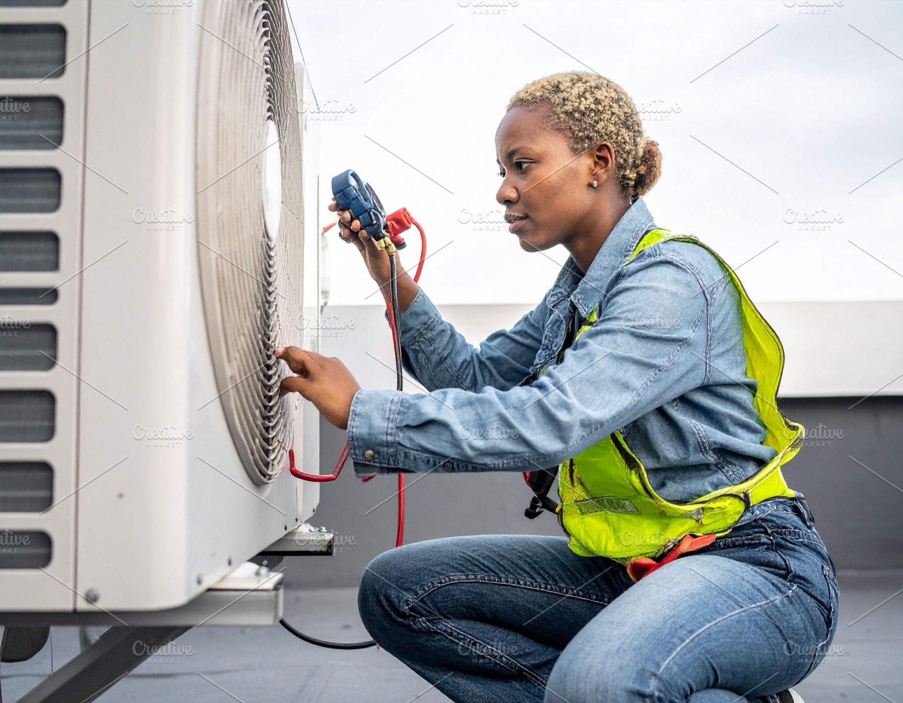 Woman hvac technician repairing an outdoor air conditioning unit, a Person Photo by DanFLCreativo