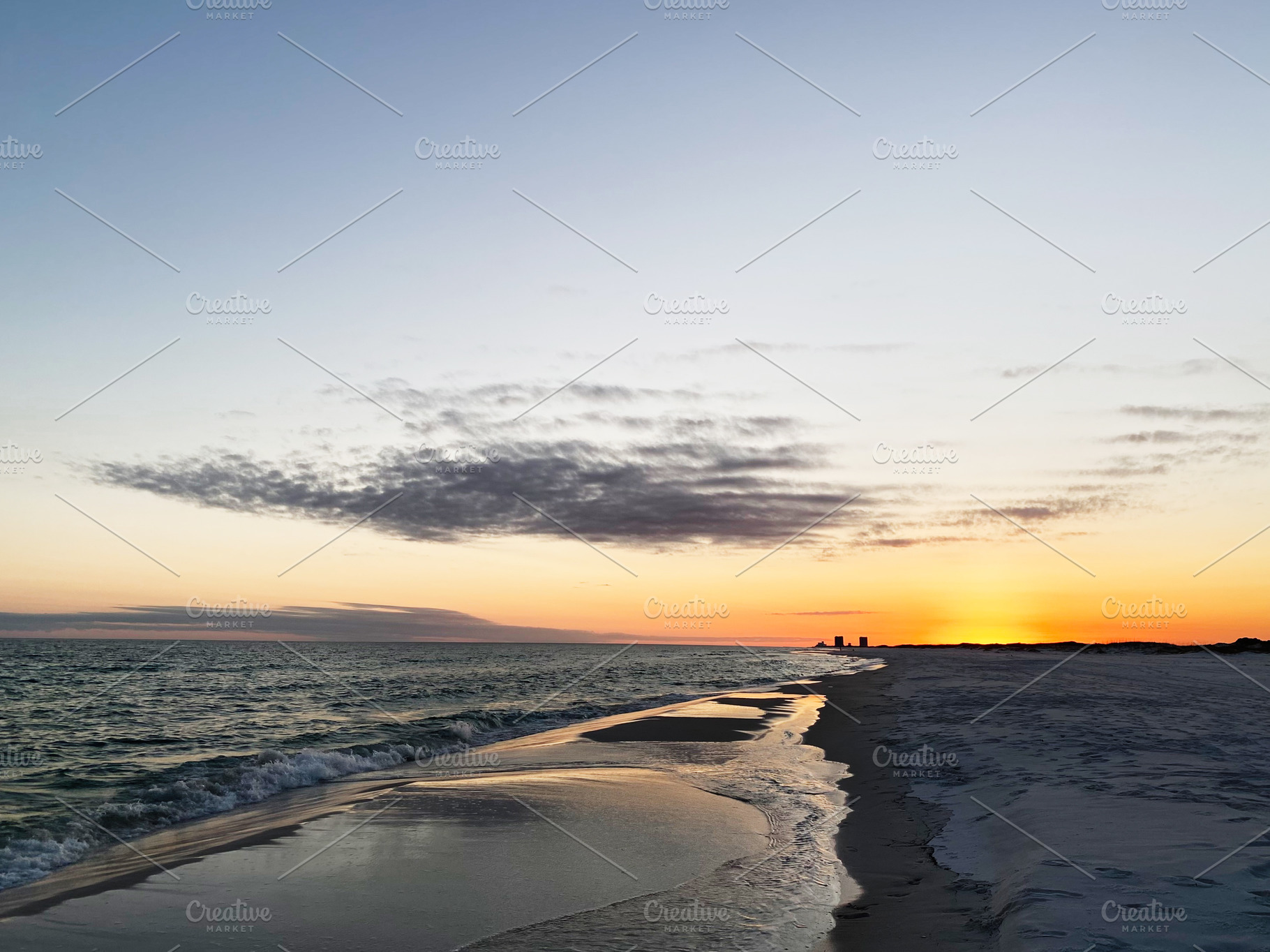 Sunset on a Florida Pensacola beach along the calm ocean with warm sky and gent, a Nature Photo by AS photostudio