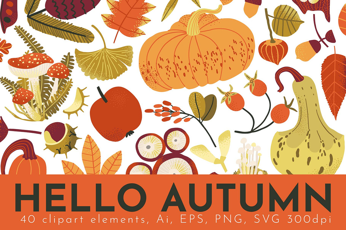 HELLO AUTUMN: clipart|border|pattern, a Seasonal Illustration by Elliko shop (Photo 1 of 12)