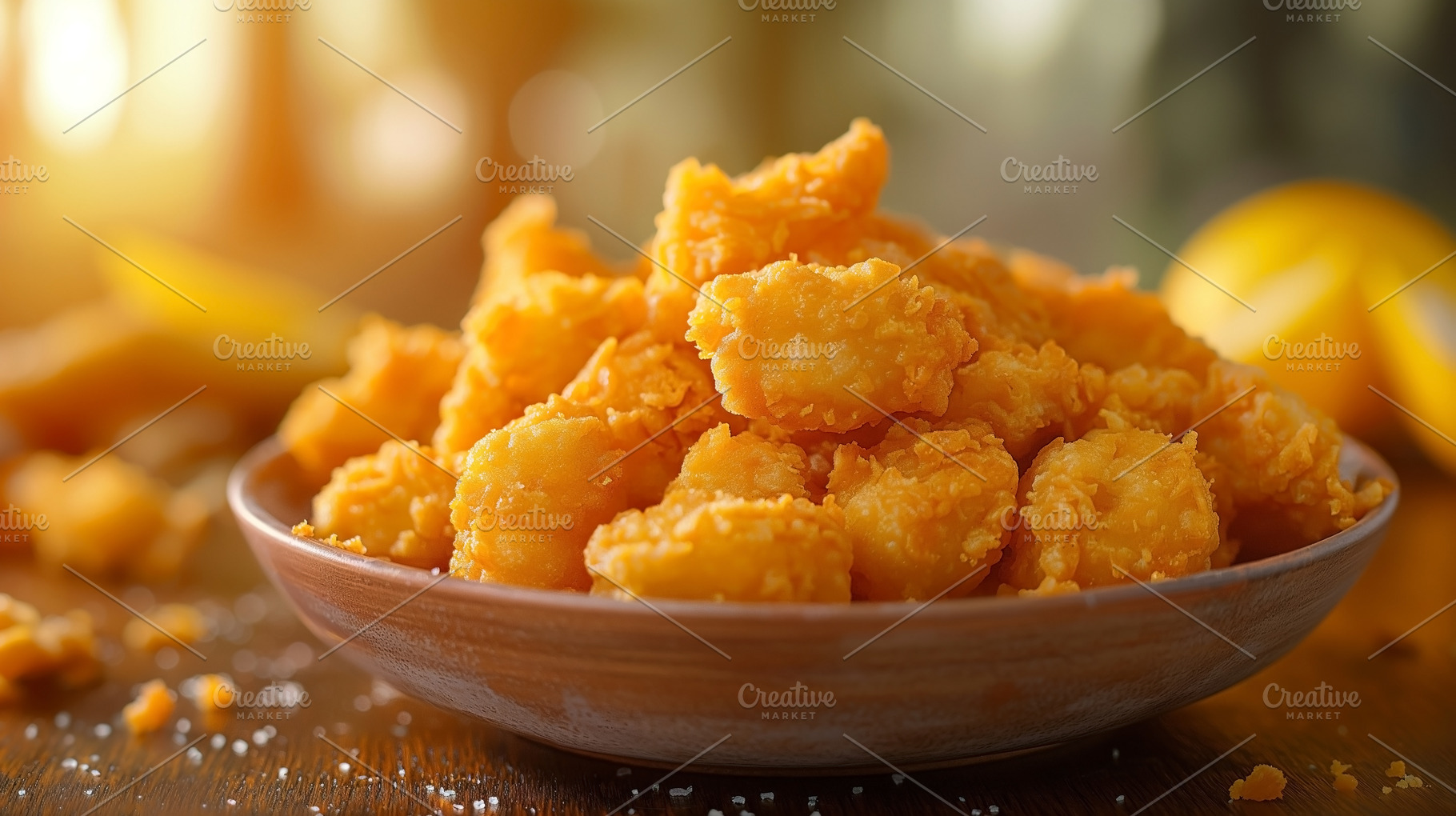 A delicious bowl of golden fried chicken bites served with lemon, a Food & Drink Photo by ImageMir