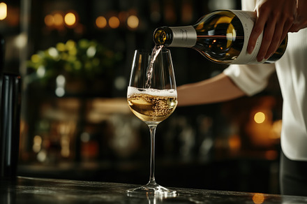A close-up of a sommelier pouring white wine into a glass at a bar. The backgro, a Person Photo by Textures & Backgrounds