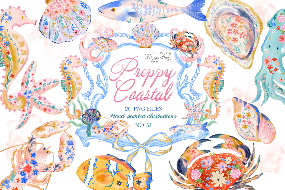 Preppy Coastal Watercolor Clipart, a Decorative Illustration by TheHappyGiftArt (Photo 1 of 10)