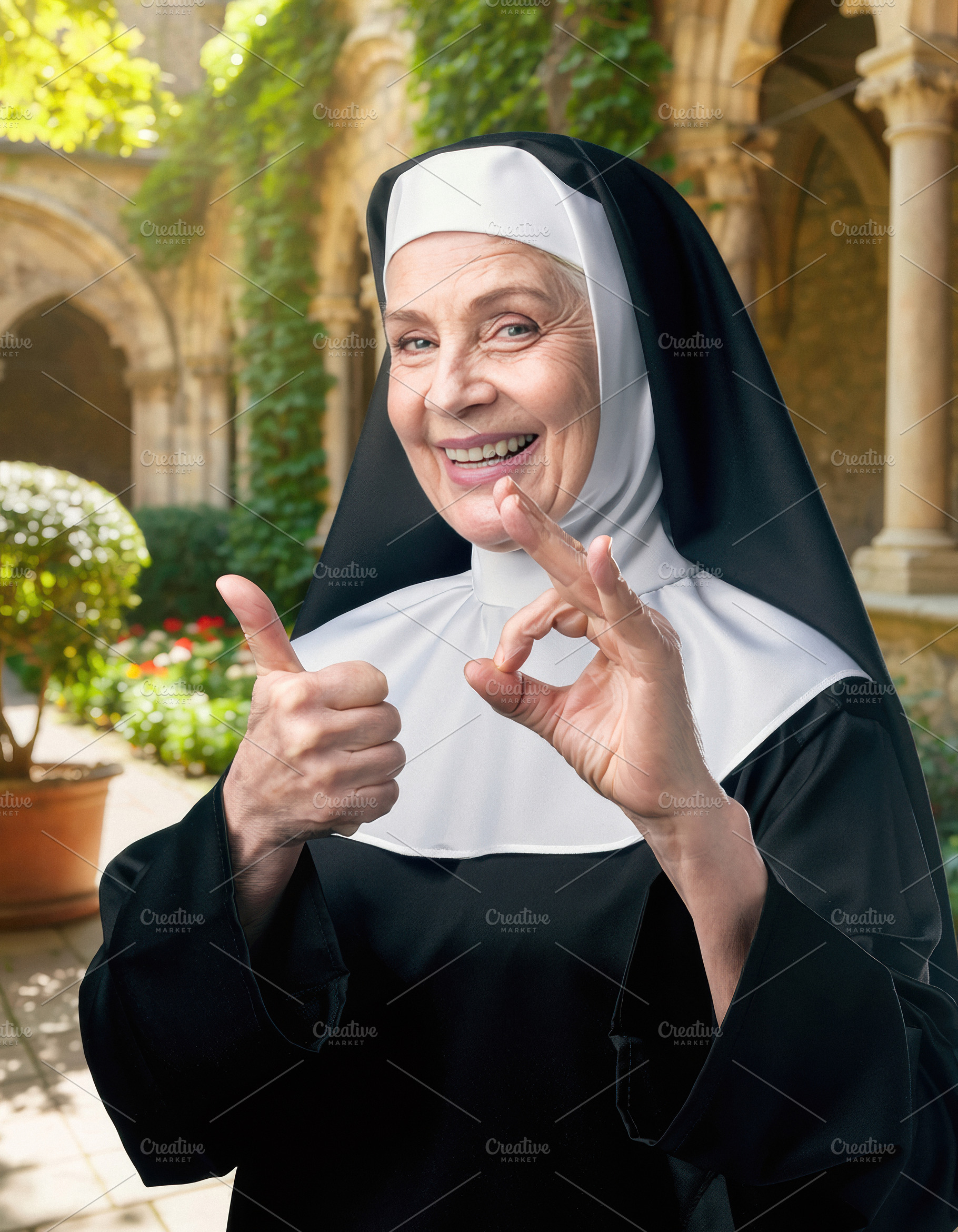 Smiling Senior Nun Showing Approval Gesture Outdoors, a Person Photo by Davizro's Market