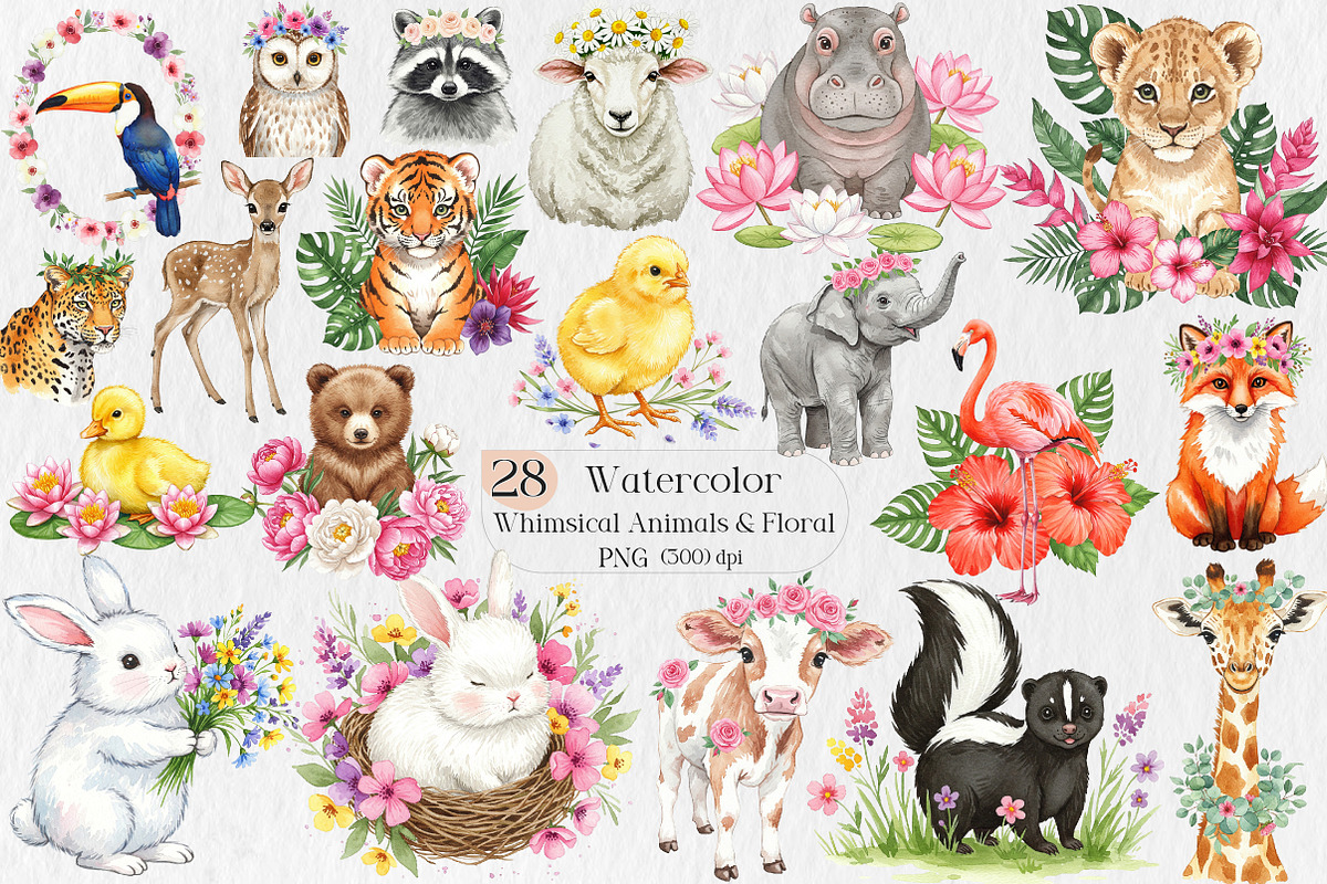 Whimsical Animals & Floral Clipart, an Illustration by Creative Art (Photo 1 of 9)