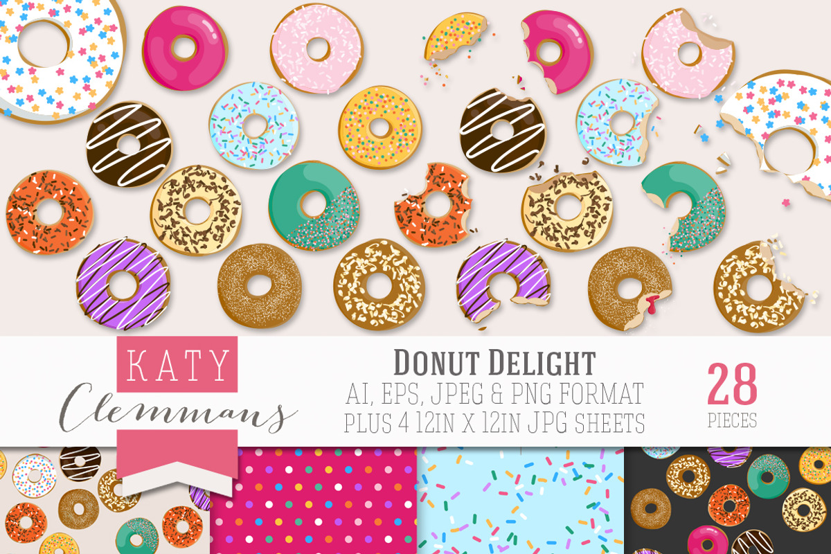 Donut Delight clip art illustrations, a Food Illustration by Katy Clemmans (Photo 1 of 5)