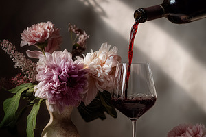 Pouring red wine into a glass on a table with a flower arrangement, creating a, a Food & Drink Photo by Studio ANNA