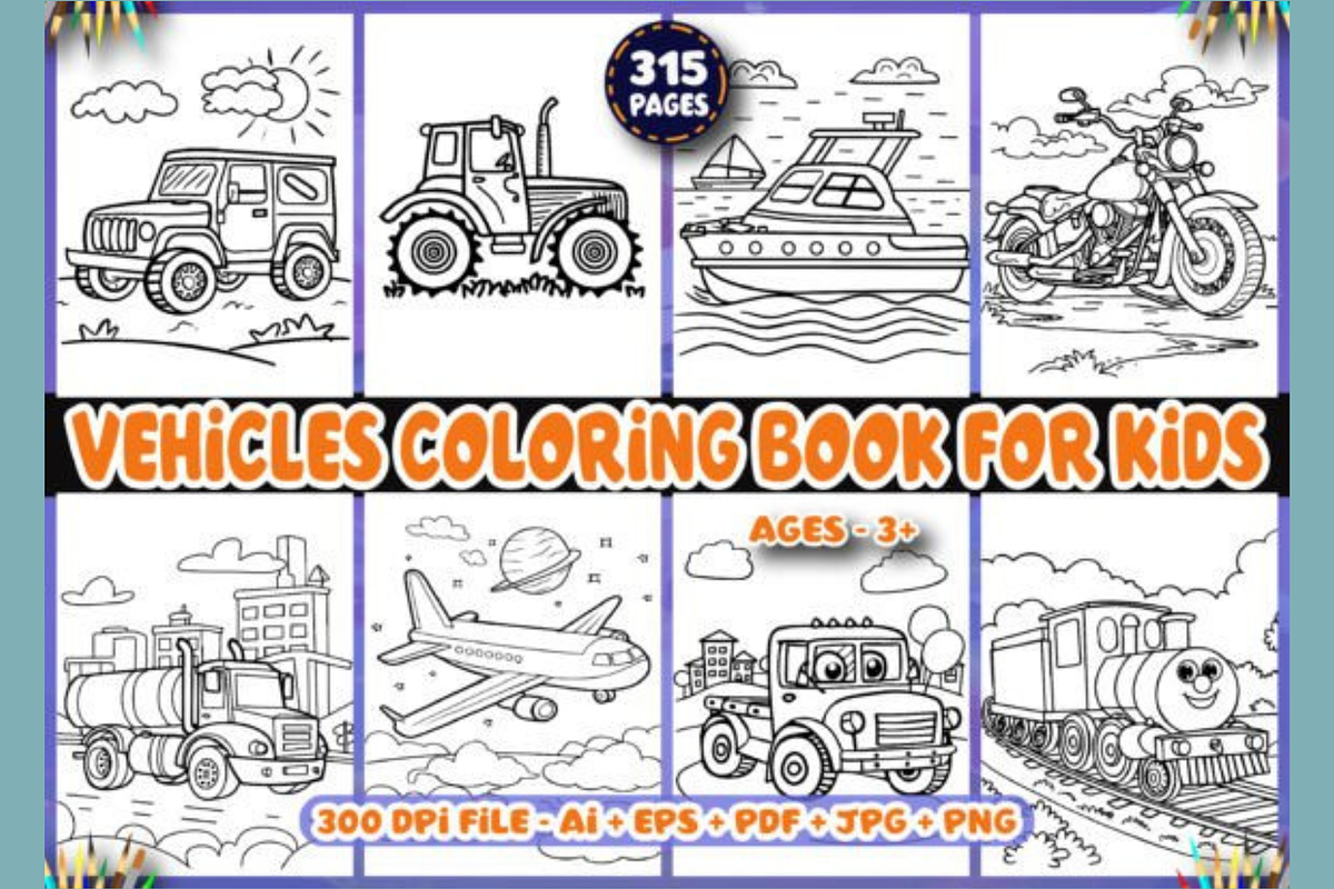315 Vehicles Coloring Pages for Kids, a Transportation Illustration by shopcosm (Photo 1 of 2)