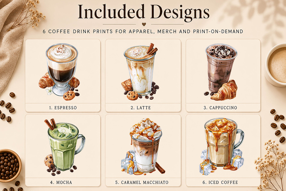 Coffee Drinks T-Shirt Print Bundle, a Food Illustration by GoldmoonUA (Photo 2 of 5)