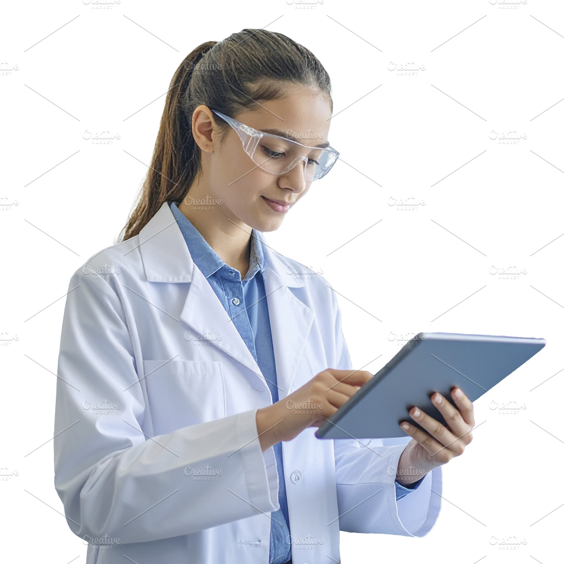 Teenage girl in a lab coat holding a laptop, a Person Photo by DanFLCreativo