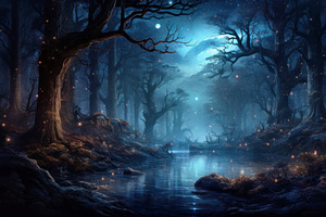 Fantasy forest at night, magical lig