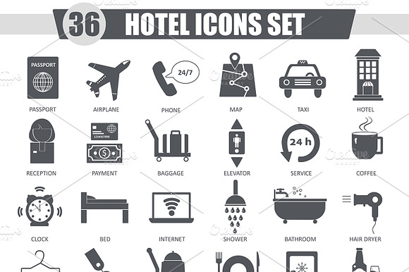 36 Hotel Black Icons Set.