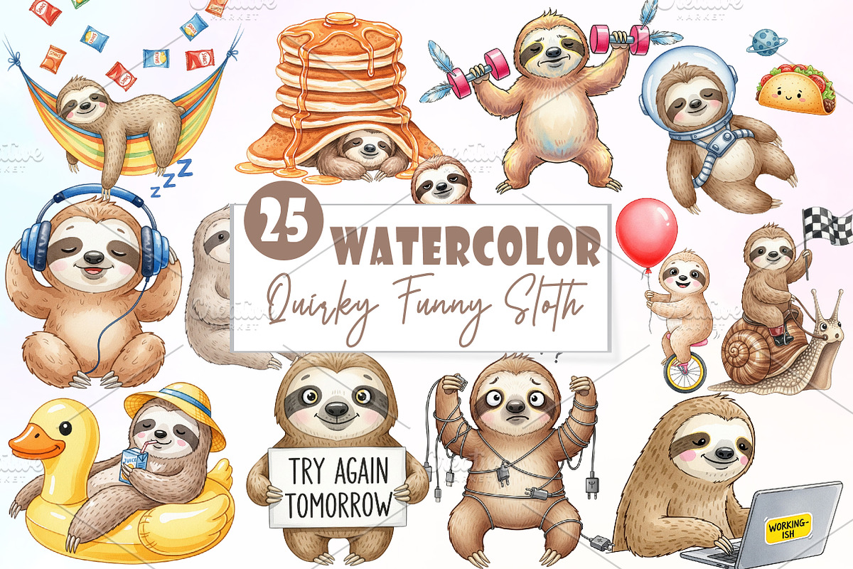 Quirky Funny Sloth Sublimation, an Illustration by Watercolor design (Photo 1 of 6)