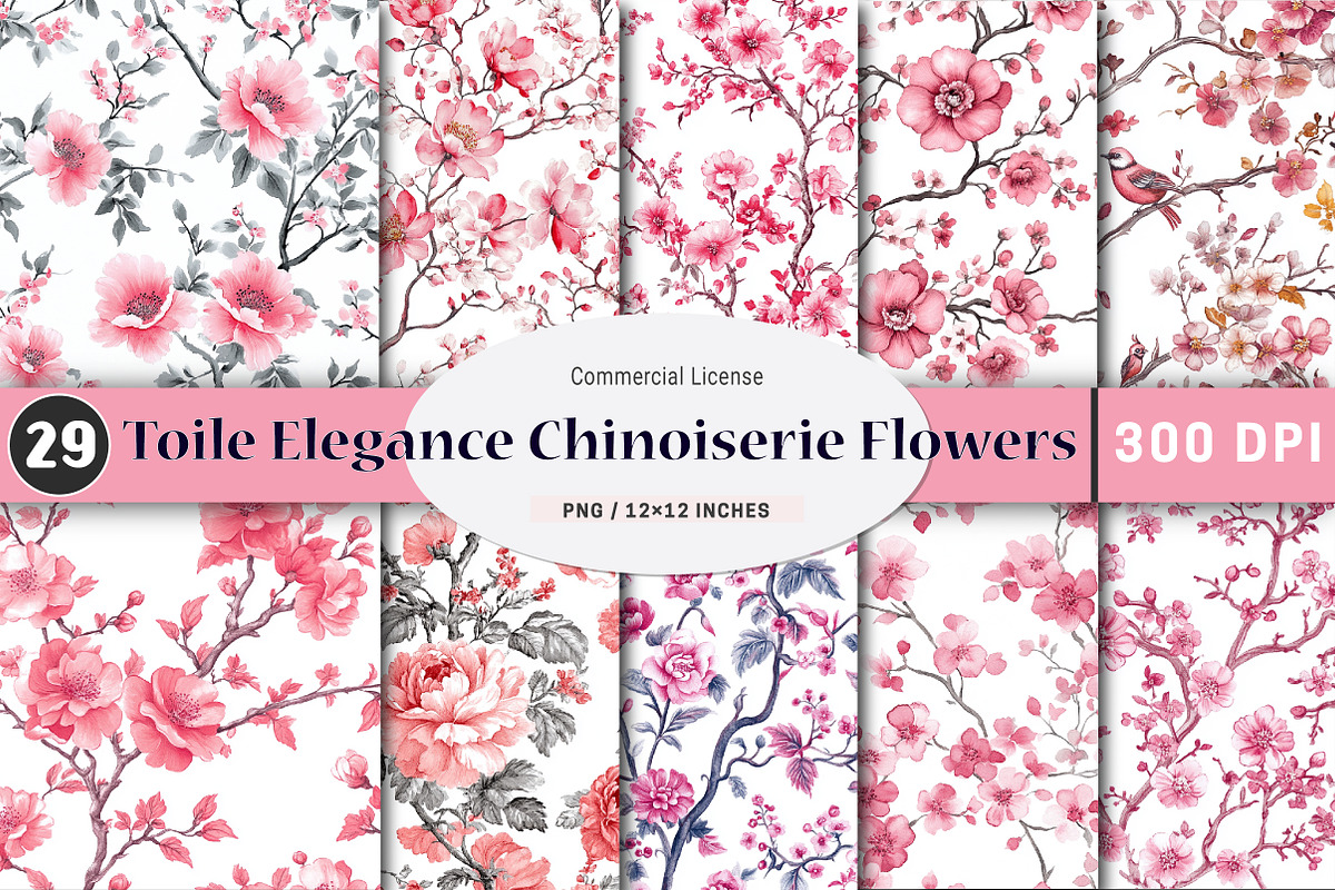 Toile Elegance Chinoiserie Flowers, a Pattern Graphic by SinaCreation (Photo 1 of 5)