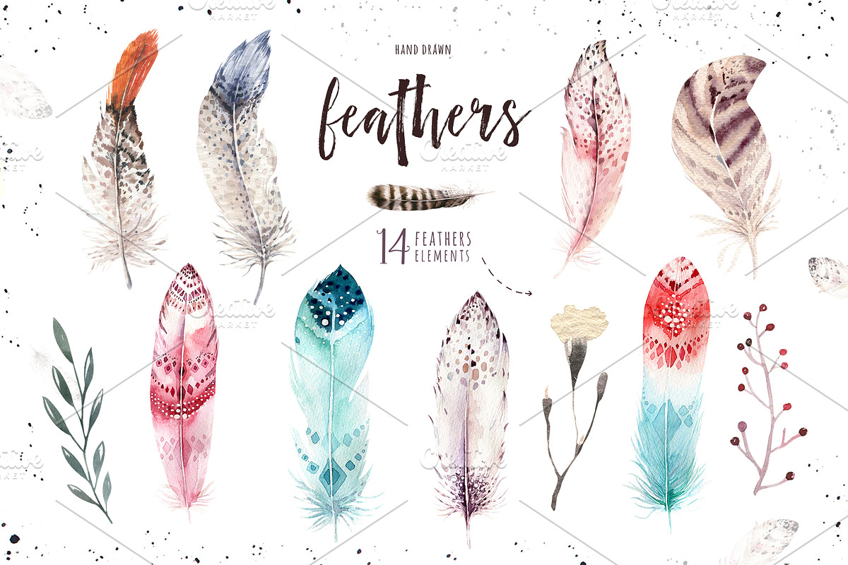 Watercolor owl & feathers collection, a Decorative Illustration by ...