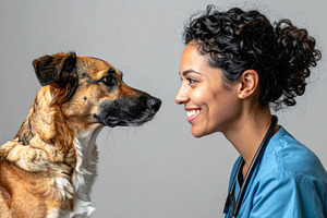 Veterinarian Smiling at Dog Face to Face, an Animal Photo by Davizro's Market