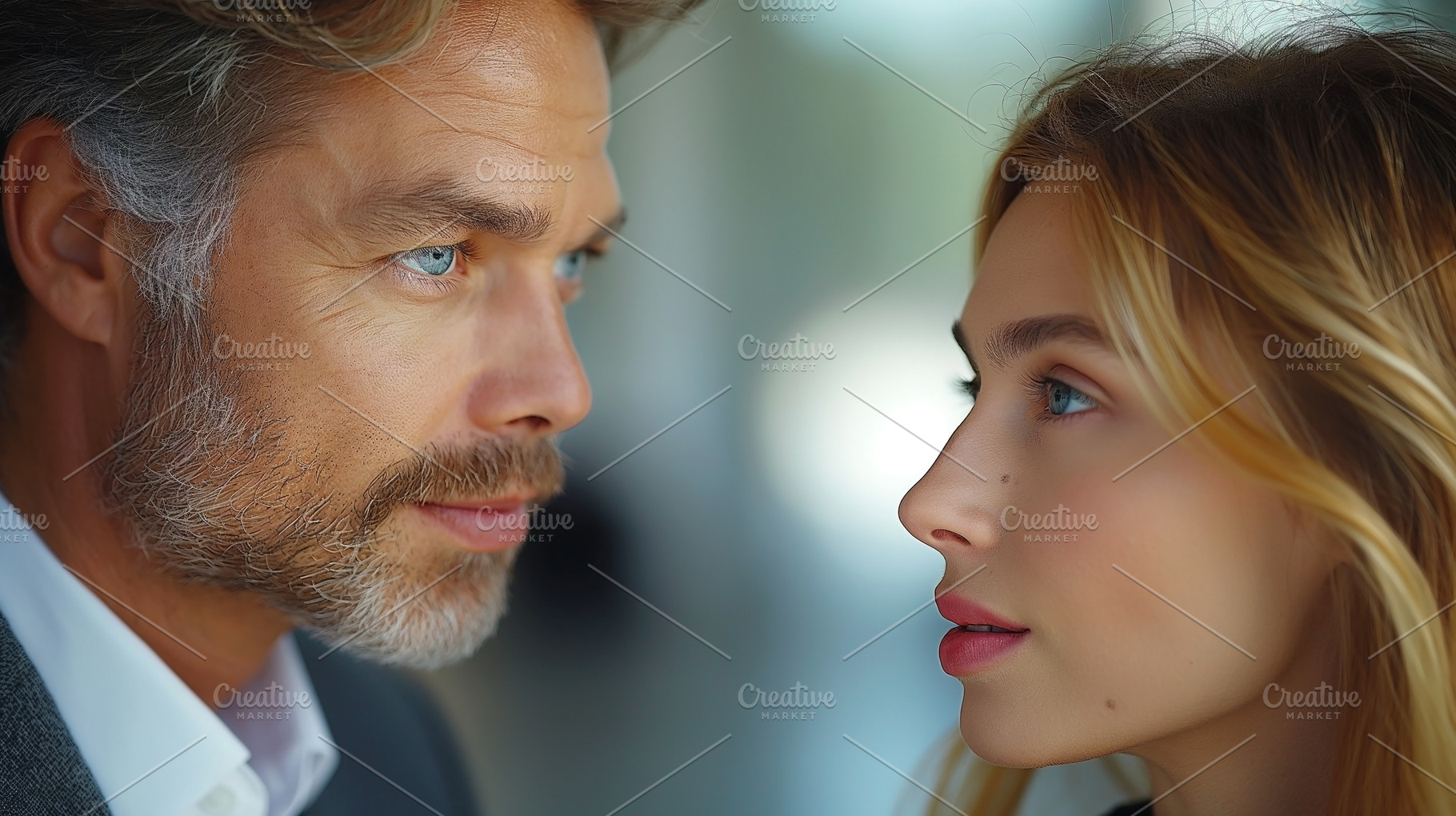 A striking close-up of a man and woman gazing into each other's eyes, featuring, a Person Photo by ImageMir