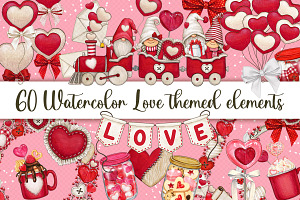 60 Watercolor love themed elements