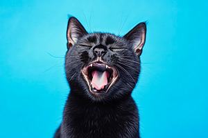 Black Cat Yawning on Blue Background, an Animal Photo by Ales Munt