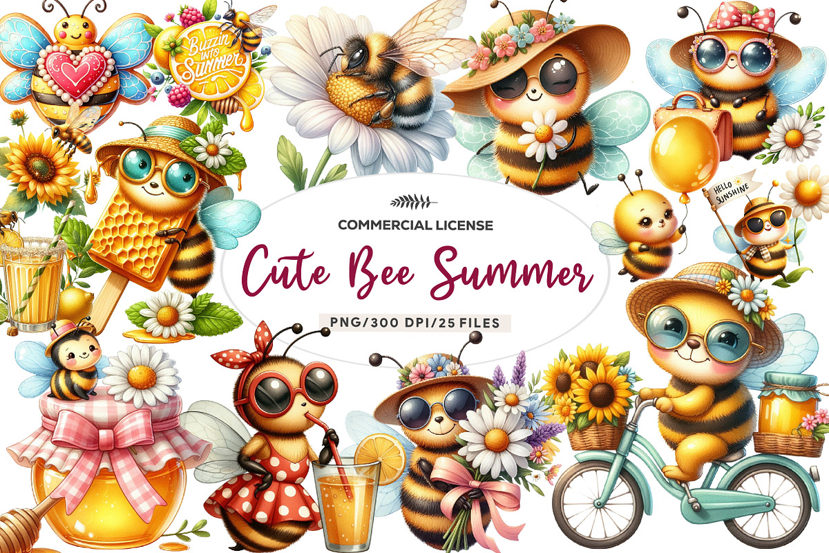 Cute Bee Summer Watercolor Clipart, an Illustration by CreationArt (Photo 1 of 9)