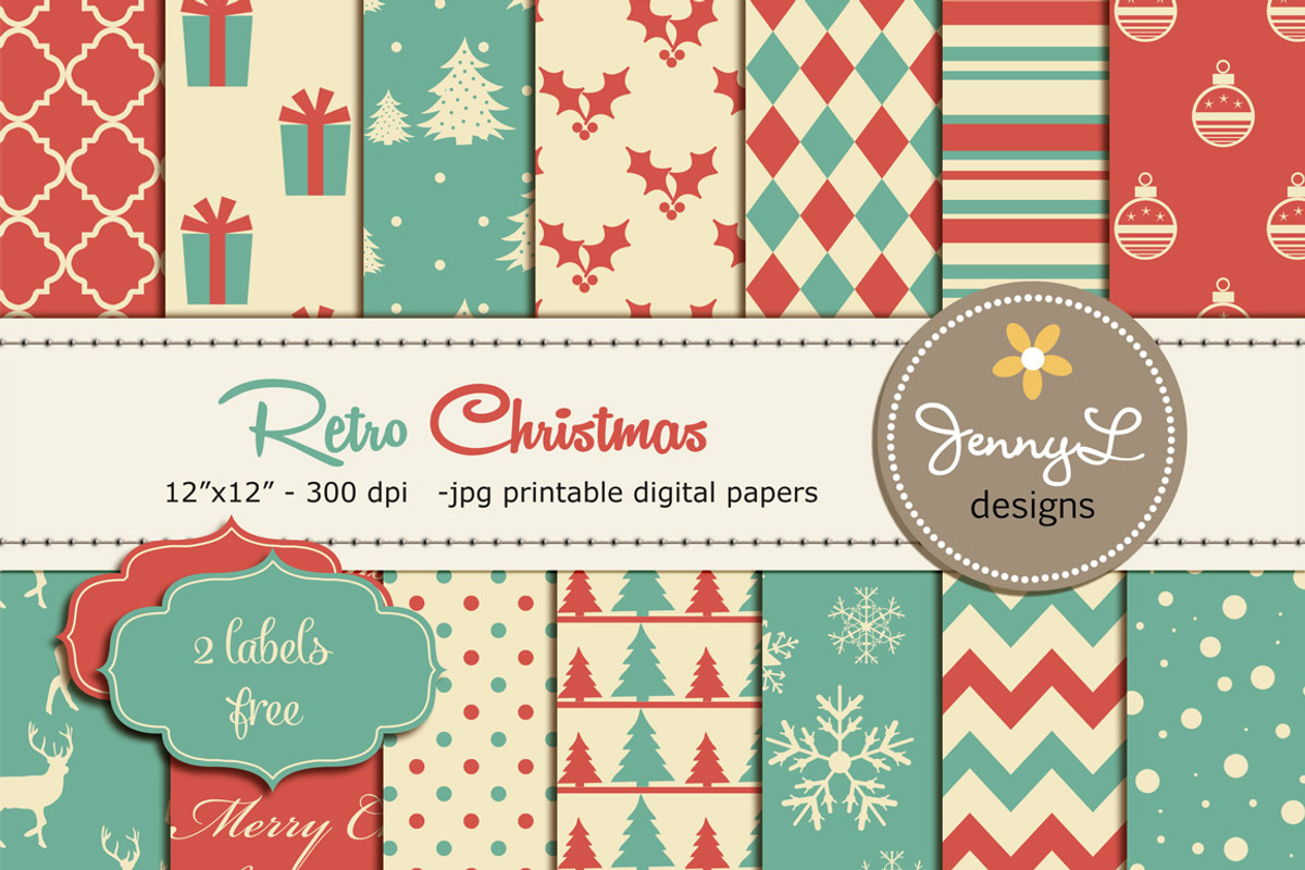 Retro Christmas Digital Papers, a Pattern Graphic by JennyL Designs (Photo 1 of 3)