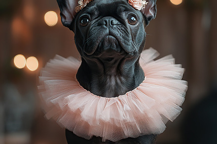 Black bulldog standing on hind legs wearing a floral headband and pink tutu in, an Animal Photo by AlyaAnd
