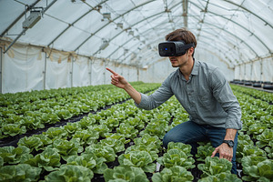 Kneeling man wearing VR headset, an Illustration by wavebreak