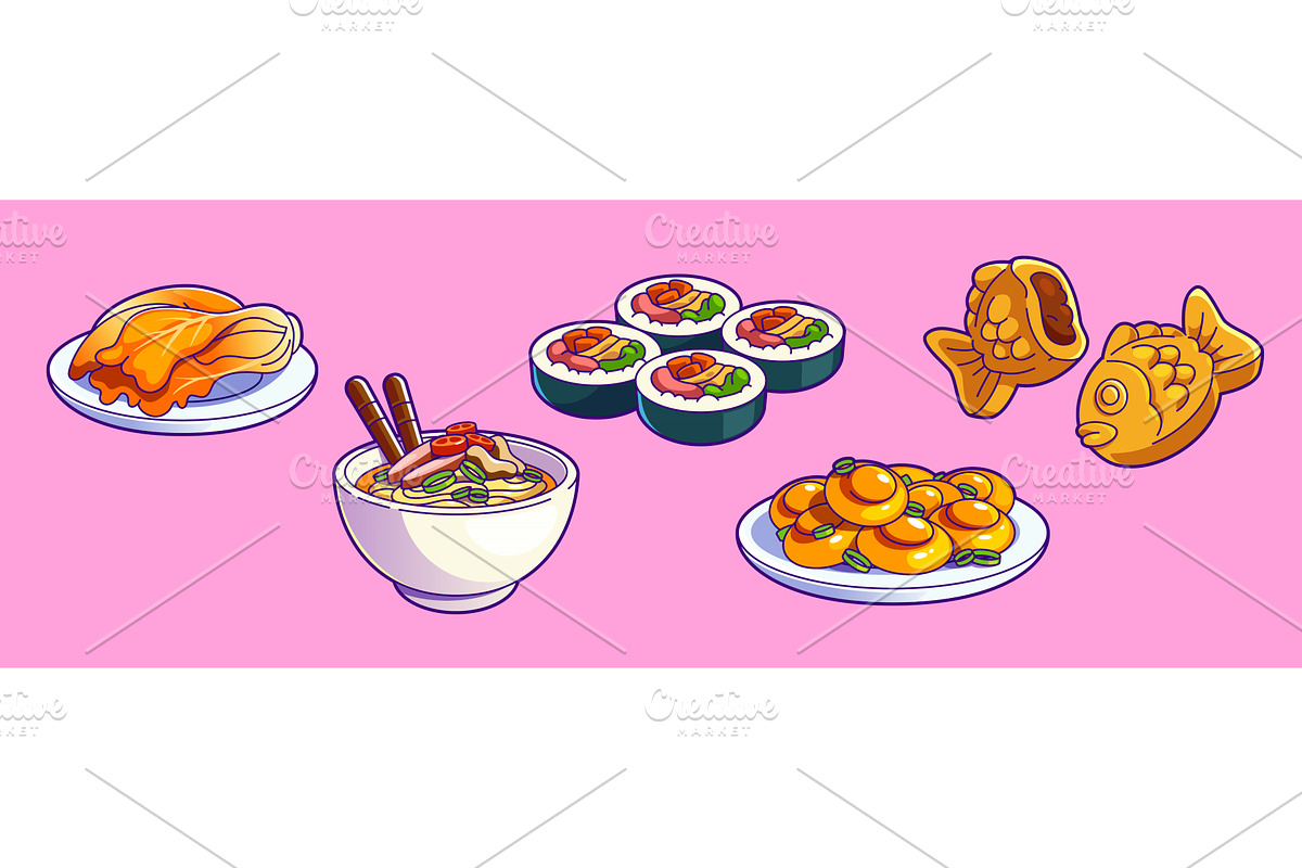 Korean food set - cartoon dishes, a Food Illustration by art PVP - market