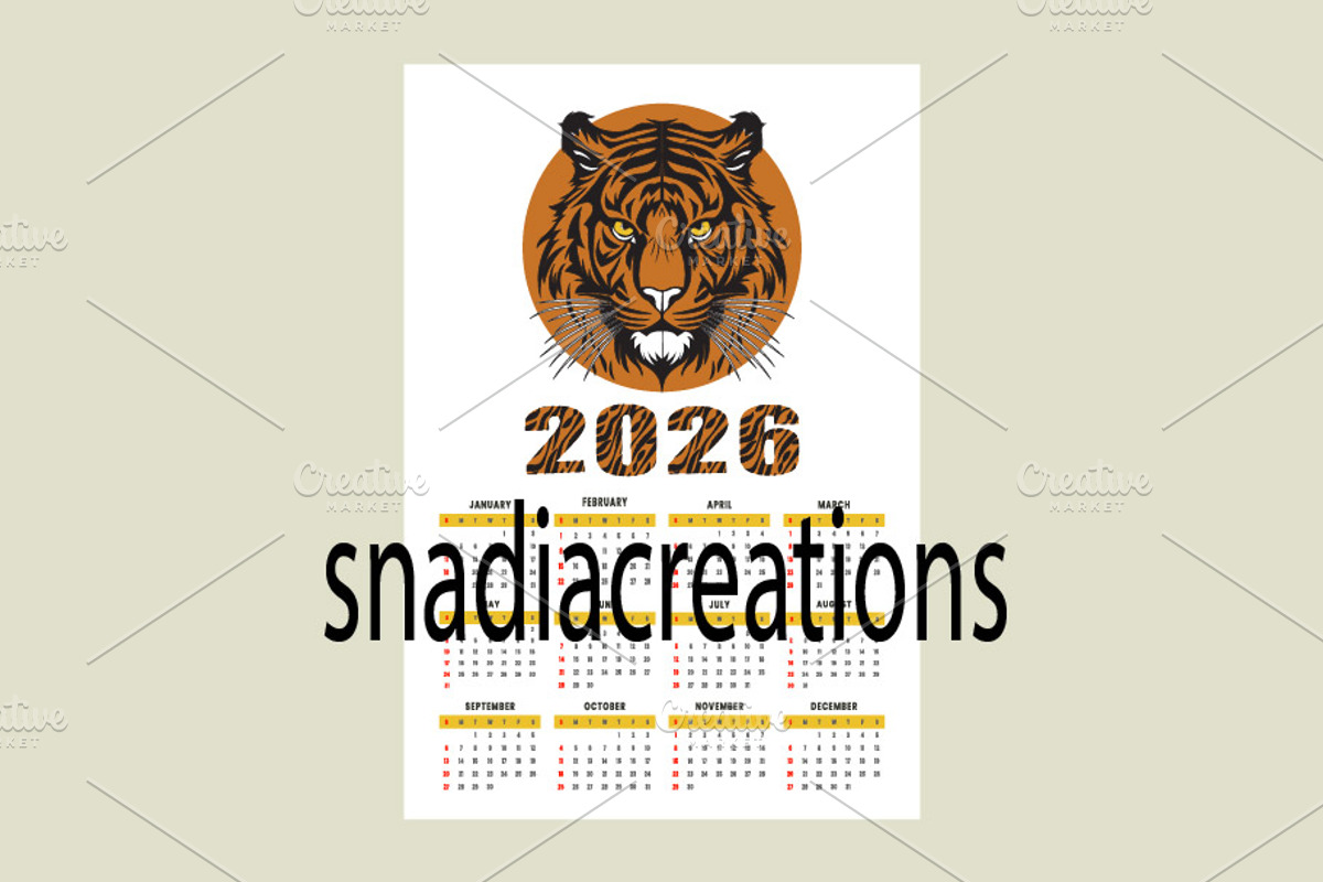 Tiger Calendar 2026, a Stationery Template by snadiacreations