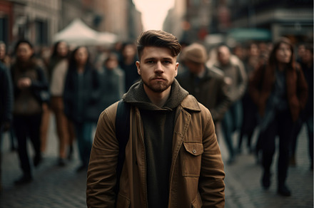 Male closeup portrait on crowded, a Person Photo by Ylivdesign