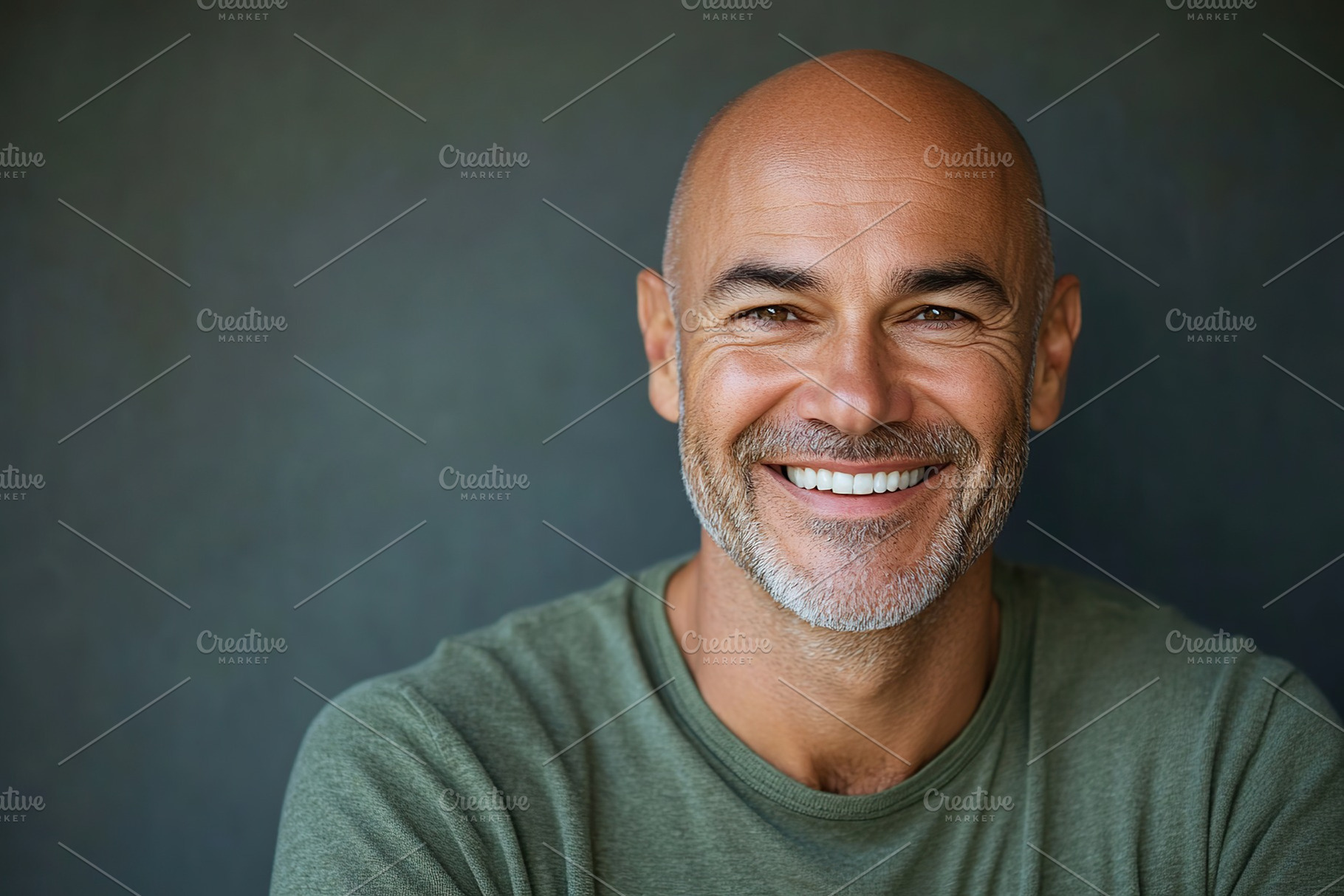Portrait of middle age bald man on grey background, a Person Photo by AlyaAnd