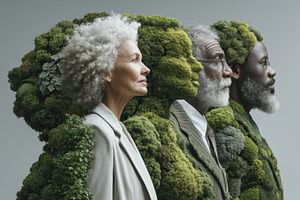 Business leaders united with nature: diverse senior professionals wrapped in mo, a Photo by AS photostudio