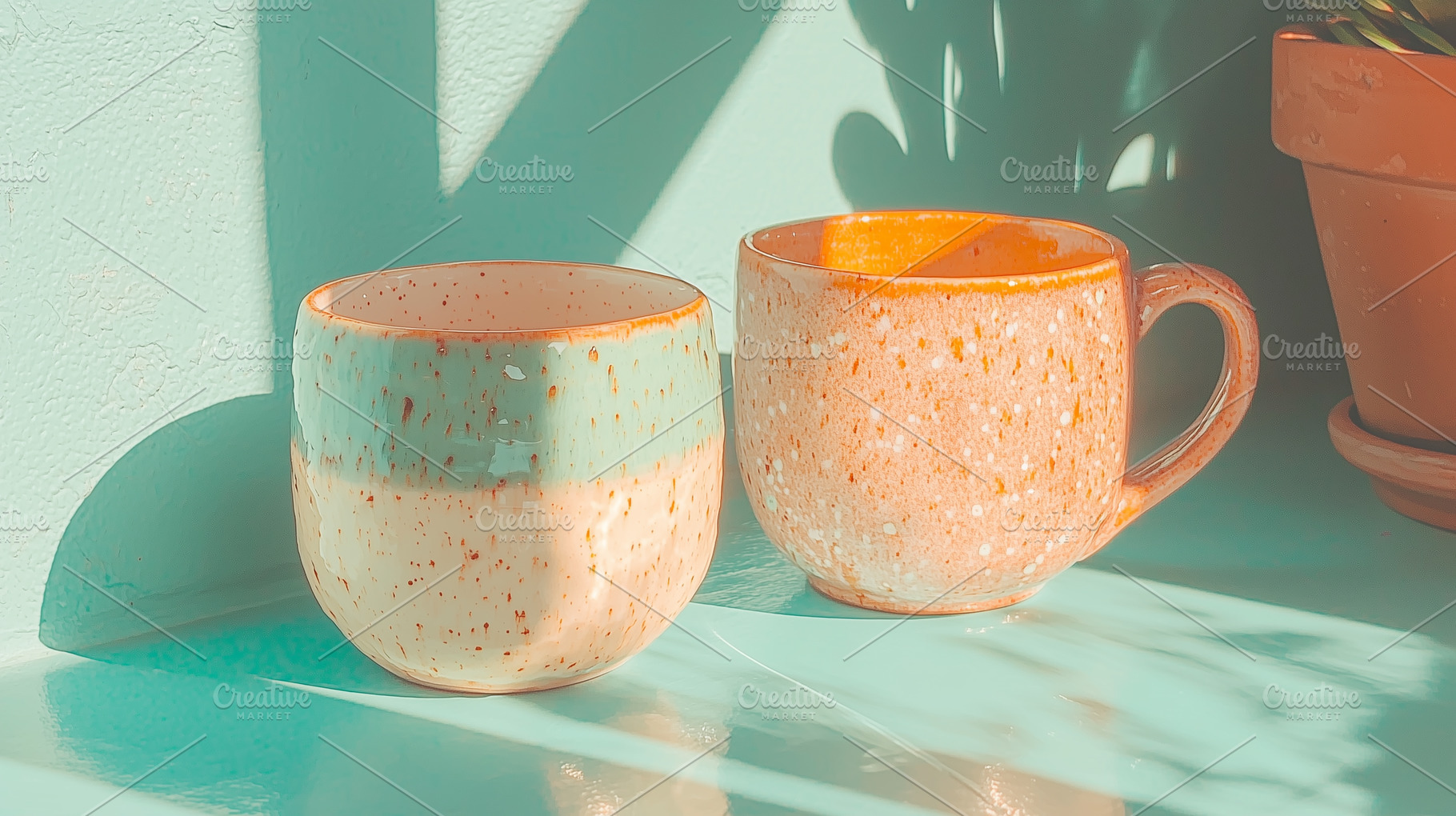 Two ceramic mugs in blue filled, an Abstract Photo by Imaginarium