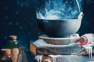 Couldron with winter and snow, witch