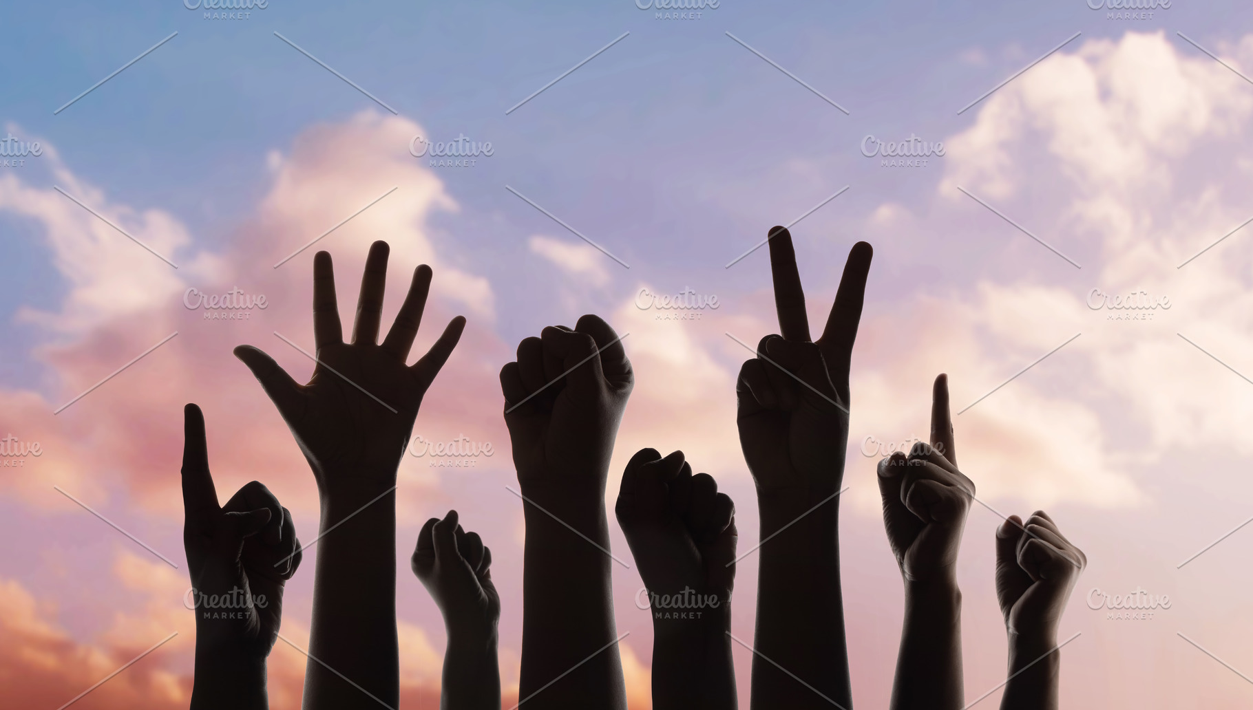 Group of raised hands protest gesture against sky, freedom expre, a Photo by salmon.black