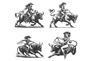 Cowgirl Riding Bull in Rodeo set, a Person Illustration by AlexArt