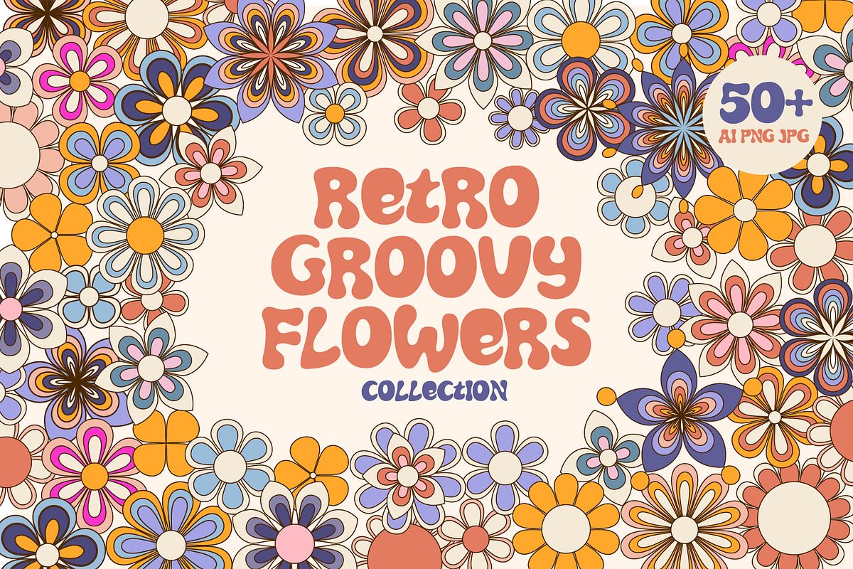 Retro Groovy Flowers Collection, an Illustration by cafelab_store (Photo 1 of 5)