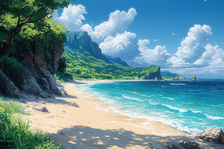 Coastal landscape featuring a serene, a Photo by Tanuart