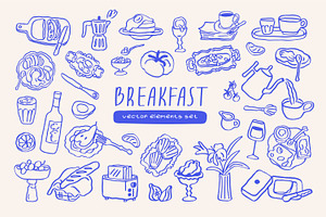 Breakfast food sketches, doodle set