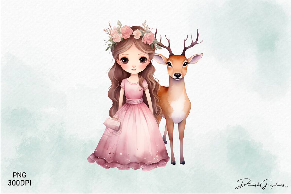 Princess & Deer Watercolor Clipart, an Animal Illustration by danishgraphics (Photo 3 of 5)