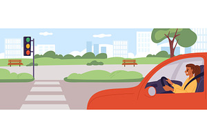 Woman driving red car is standing at, a Transportation Illustration by Vectorbuum