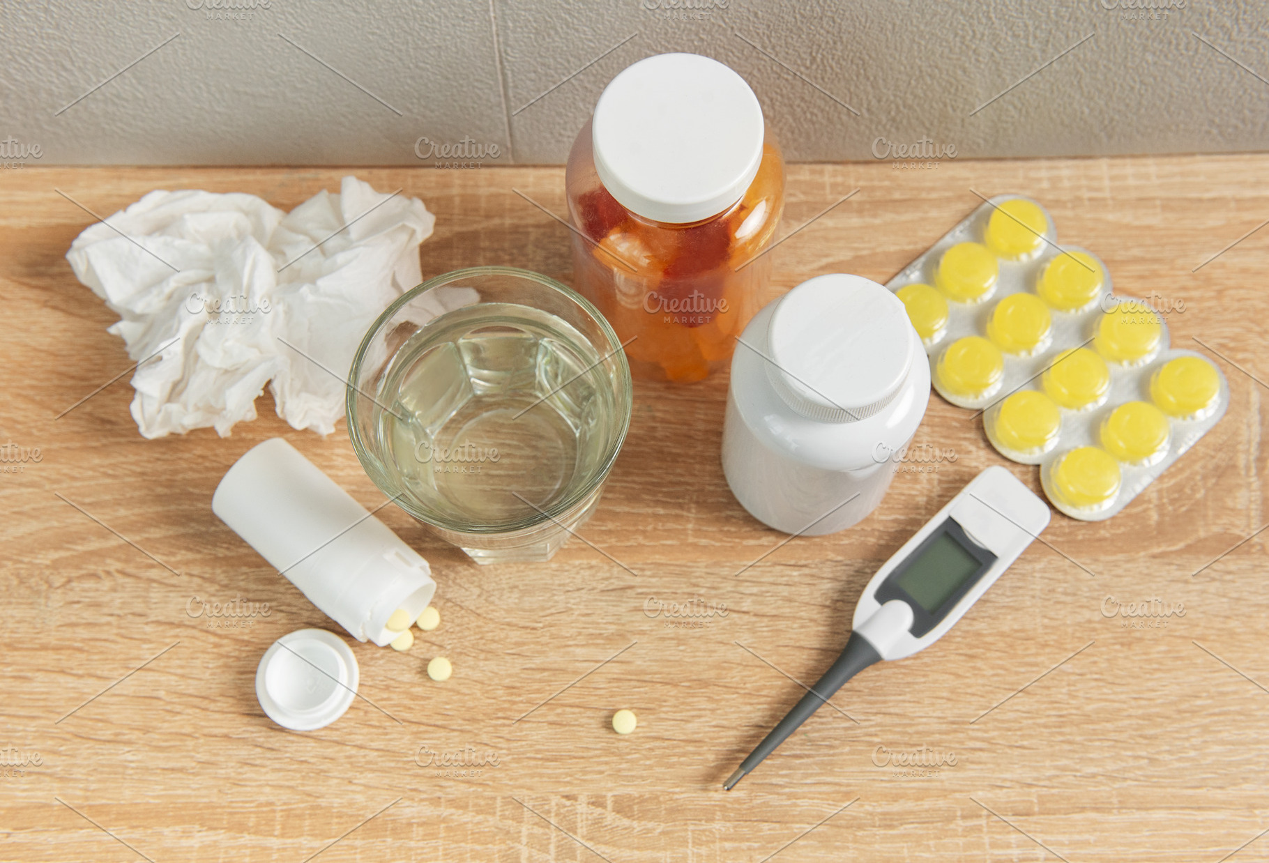 Cold and flu healing with medicine and thermometer, a Health & Medical Photo by Olena Rudo